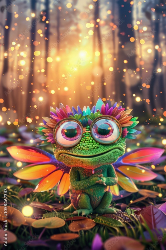 Naklejka premium A cute green creature with wings and flowers on its head sits in a magical forest. AI.