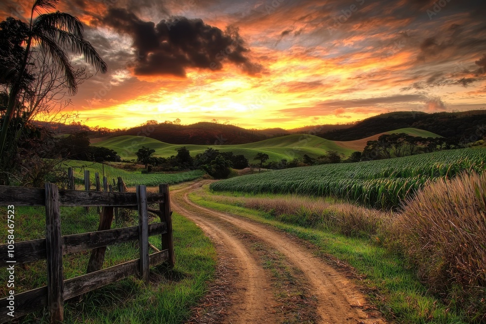 Obraz premium A serene dirt path winds through lush green fields under a vibrant sunset sky, creating a peaceful rural landscape.