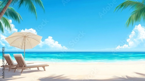 Serene beach scene with loungers, umbrella, and clear blue water, perfect for relaxation and vacation vibes.