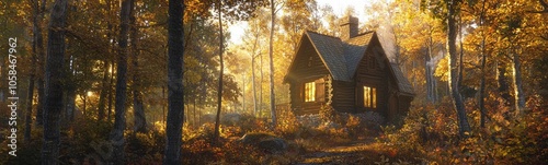 Wallpaper Mural Serene Cabin Retreat in the Enchanted Woods - Ultra-Detailed Landscape Photography of Cozy Cottage Surrounded by Fall Foliage and Warm Glow from Windows Torontodigital.ca