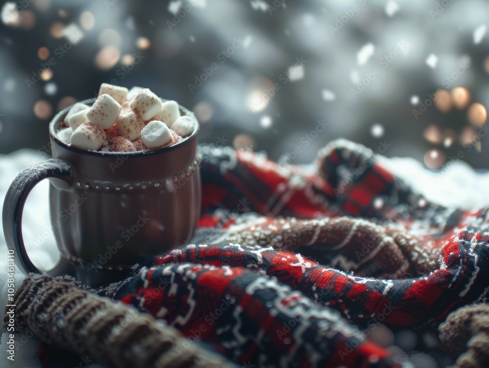 A warm mug of hot chocolate topped with marshmallows sits in a snowy landscape. AI. A warm mug of hot chocolate topped with marshmallows sits in a snowy landscape. AI.