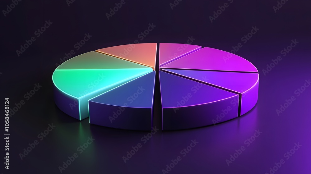 
3D vector pie chart infographic template, semicircle form, divided into nine parts, smooth glowing texture, highly vibrant colors ranging from deep purple to neon green, modern and clean design, high