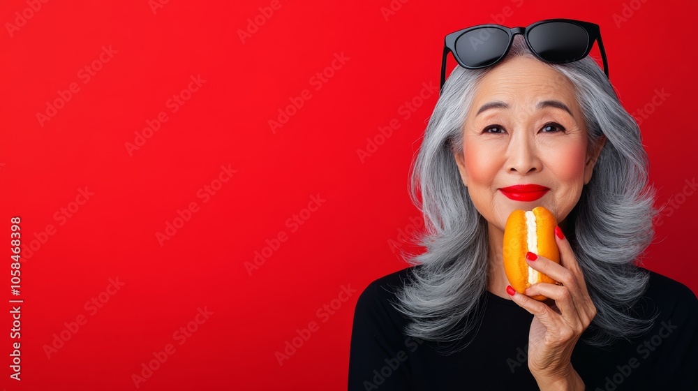 Woman in sunglasses is holding an orange in her hand. She is smiling and she is enjoying her snack Woman in sunglasses is holding an orange in her hand. She is smiling and she is enjoying her snack