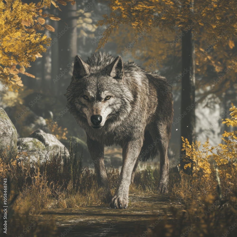A lone wolf walks through a foggy autumn forest. A lone wolf walks through a foggy autumn forest.