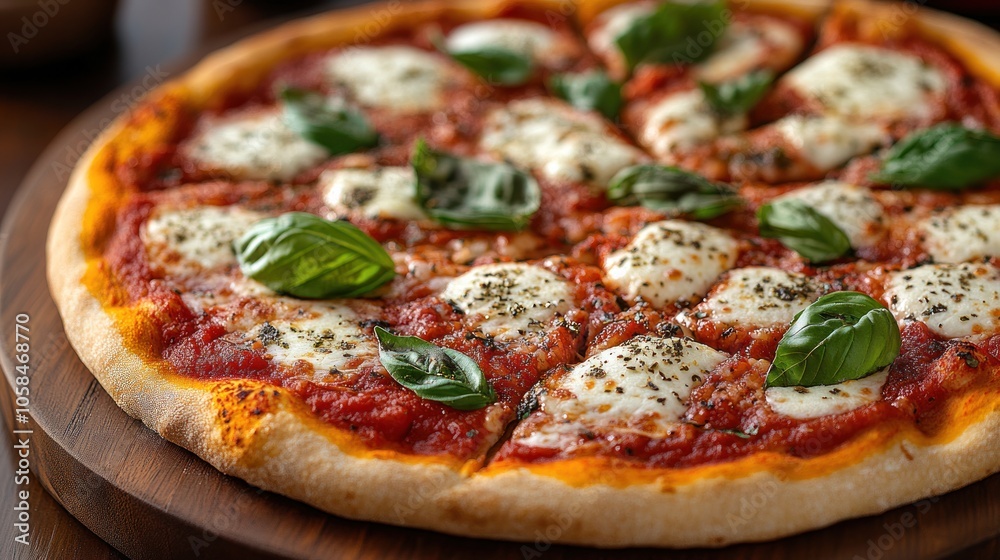 Freshly baked pizza topped with mozzarella and basil leaves. Freshly baked pizza topped with mozzarella and basil leaves.
