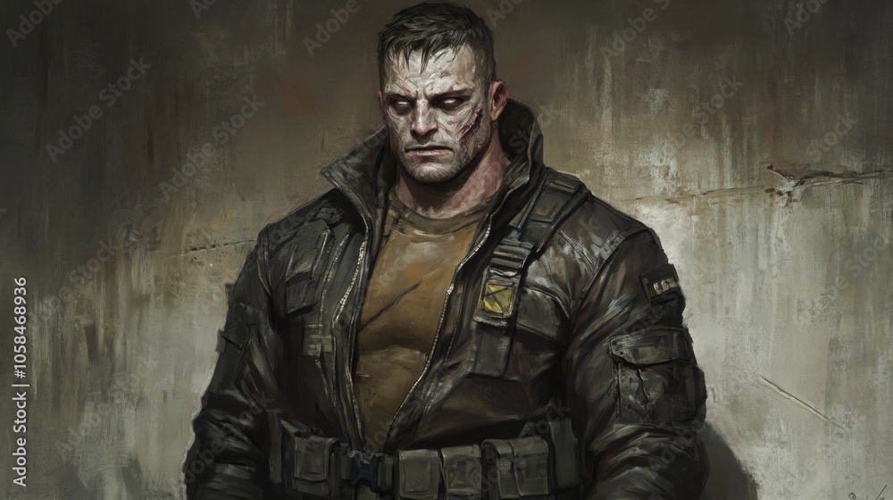 A man with a scarred face and a serious expression, wearing a brown leather jacket, stands against a weathered wall. A man with a scarred face and a serious expression, wearing a brown leather jacket, stands against a weathered wall.