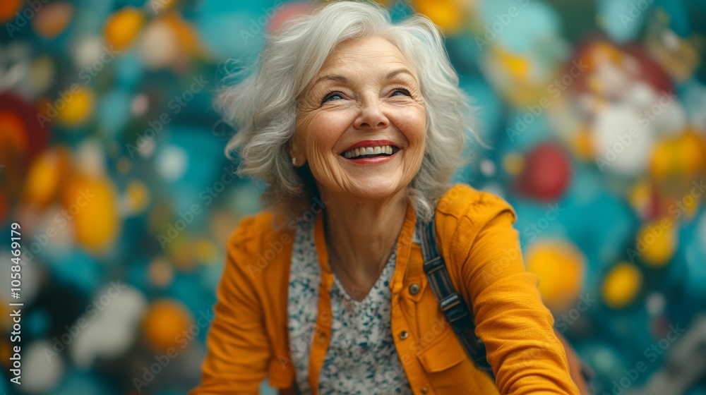 Woman in a yellow jacket is smiling and looking at the camera. She is wearing a floral shirt and a black purse Woman in a yellow jacket is smiling and looking at the camera. She is wearing a floral shirt and a black purse