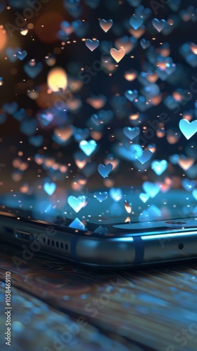 A phone with hearts floating around it. AI.