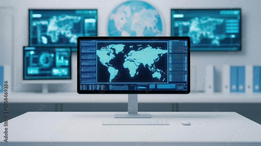 Modern workspace with multiple screens displaying world map and data interfaces. Modern workspace with multiple screens displaying world map and data interfaces.