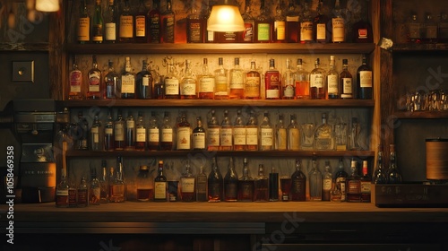 Assorted liquor bottles on a softly lit bar shelf, liquor, bottles, bar, shelf, alcohol, assortment, variety, spirits. 