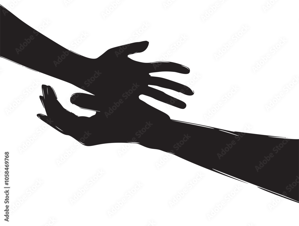 Two hands reaching out to each other, symbolizing giving and seeking help, support. Silhouettes of two touching hands, isolated on a transparent background. Black and white vector illustration. Two hands reaching out to each other, symbolizing giving and seeking help, support. Silhouettes of two touching hands, isolated on a transparent background. Black and white vector illustration.