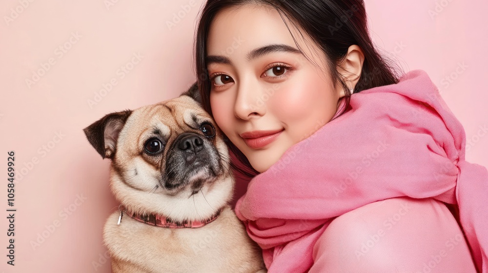 A woman poses with her pet dog against a pink backdrop. A woman poses with her pet dog against a pink backdrop.