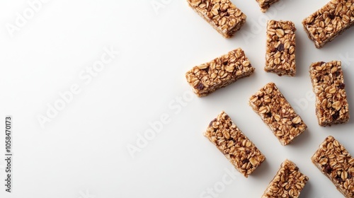 Granola bars arranged on a white background create a vibrant summer food concept. These granola bars offer a nutritious and delicious option for summer snacking, with ample copy space.