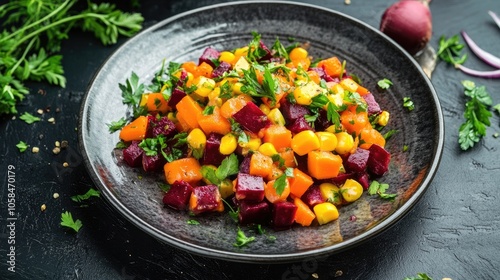 Vibrant orange carrot and beetroot salad combined with sweet corn, creating a colorful dish. This carrot and beetroot salad offers a fresh, healthy option with ample space for creative presentation.