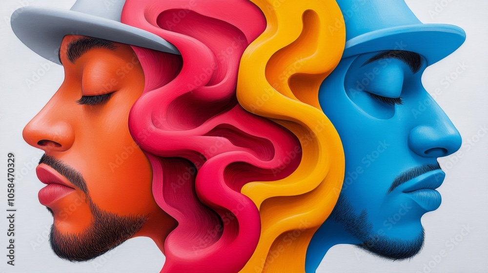 Two men with different colored hair and faces, one with a hat. The man on the left has a beard and the man on the right has a beard Two men with different colored hair and faces, one with a hat. The man on the left has a beard and the man on the right has a beard