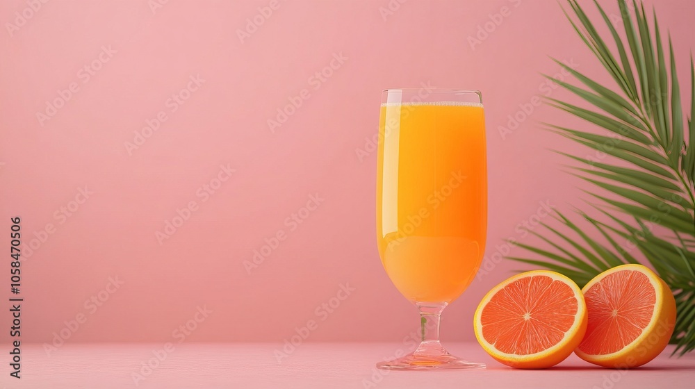 A vibrant glass of orange juice sits beside fresh orange halves, set against a soft pink background, evoking a refreshing tropical vibe. A vibrant glass of orange juice sits beside fresh orange halves, set against a soft pink background, evoking a refreshing tropical vibe.