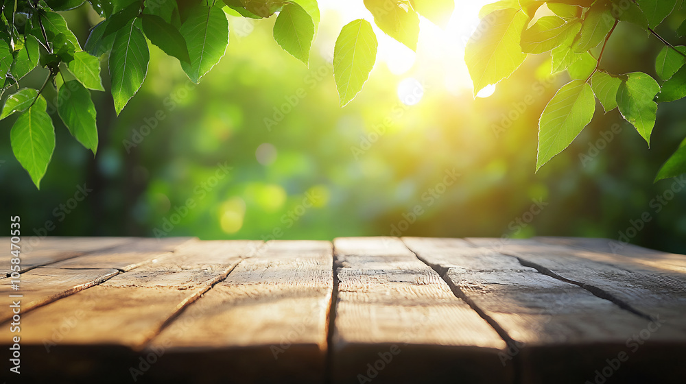 Wooden tabletop with sunlit greenery background. Rustic wooden tabletop with soft sunlight filtering through green leaves, creating a warm and inviting natural background ideal for product display Wooden tabletop with sunlit greenery background. Rustic wooden tabletop with soft sunlight filtering through green leaves, creating a warm and inviting natural background ideal for product display
