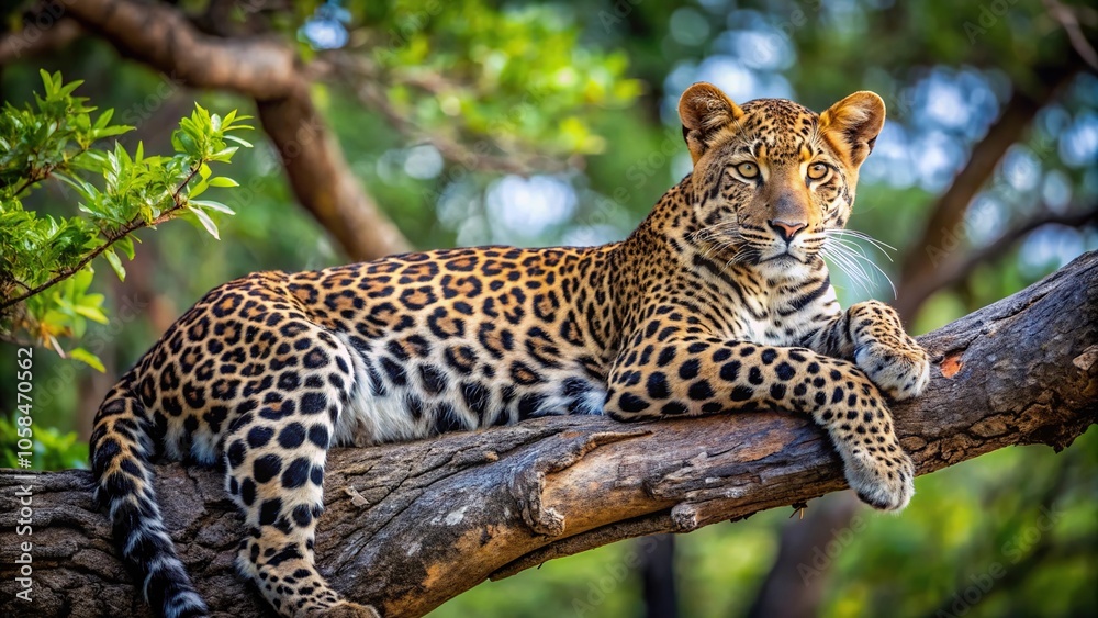 Leopard resting on tree branch blending with foliage Leopard resting on tree branch blending with foliage