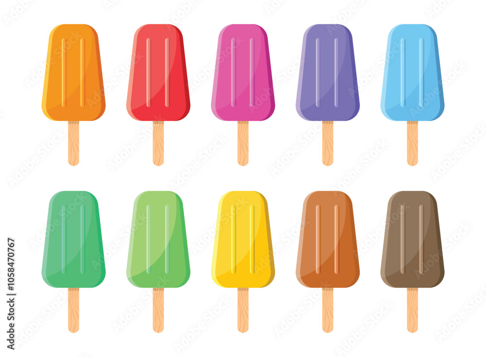 Ice cream popsicle icon set collection in flat style. Tasty dessert vector illustration on isolated background. Sweet eating sign business concept. Ice cream popsicle icon set collection in flat style. Tasty dessert vector illustration on isolated background. Sweet eating sign business concept.