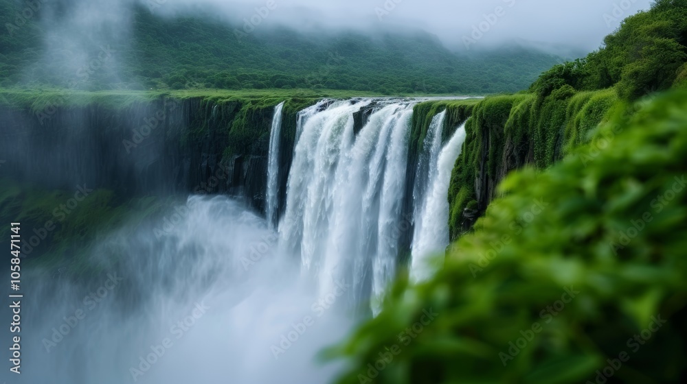 Fototapeta premium Majestic waterfalls cascading down lush cliffs in a misty landscape during early morning hours