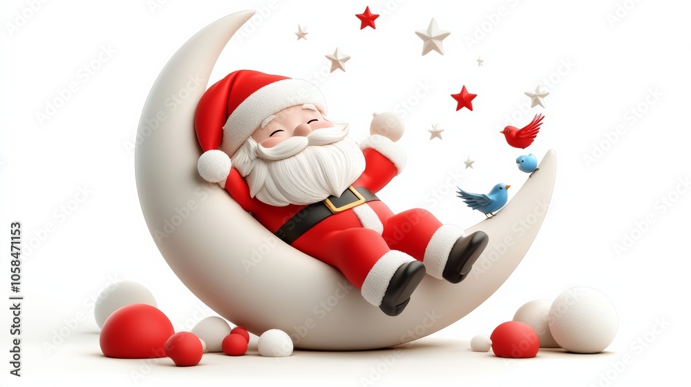 Cartoon of Santa Claus laying on a crescent moon. moon is surrounded by many small balls, there are two birds in the scene. Scene is playful, festive, as it is a representation of the holiday season Cartoon of Santa Claus laying on a crescent moon. moon is surrounded by many small balls, there are two birds in the scene. Scene is playful, festive, as it is a representation of the holiday season