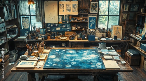 Art studio with creative workspace and materials
