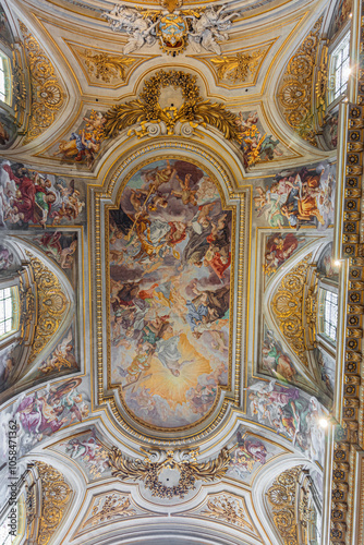 The ceiling fresco (Triumph of Franciscans order/Trionfo dell'Ordine) in church Basilica dei Santi XII Apostoli. Rome, Italy photo