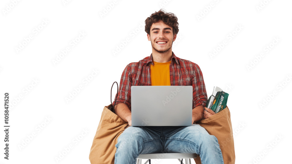 Happy Man Unboxing Laptop in Bag Chair isolated PNG