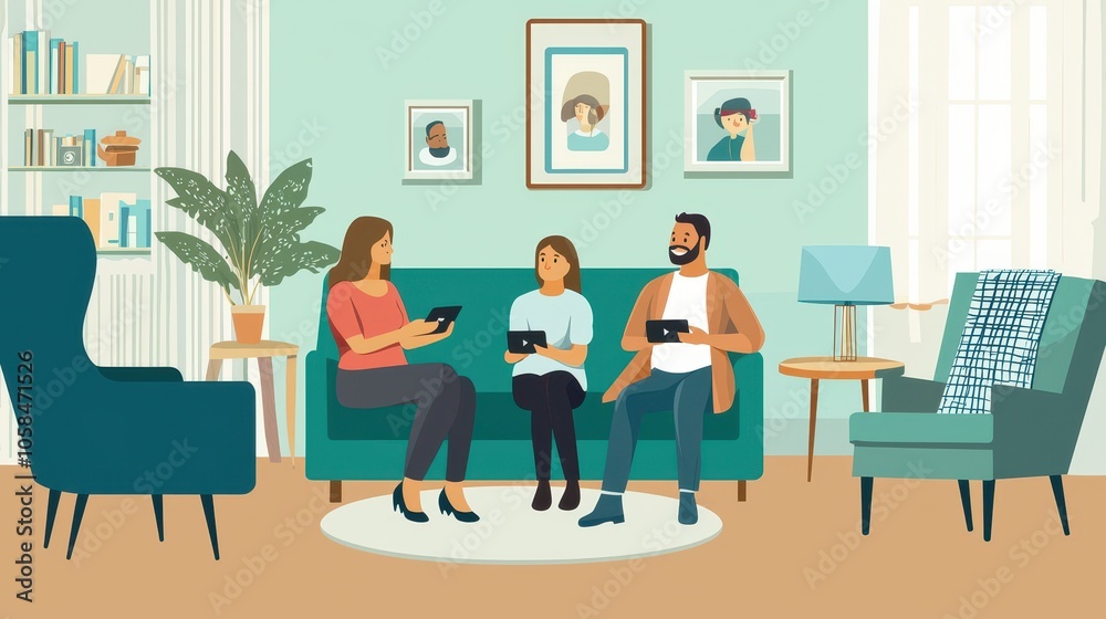 A family sits comfortably in a stylish living room, engaging with devices while surrounded by art and plants. A family sits comfortably in a stylish living room, engaging with devices while surrounded by art and plants.