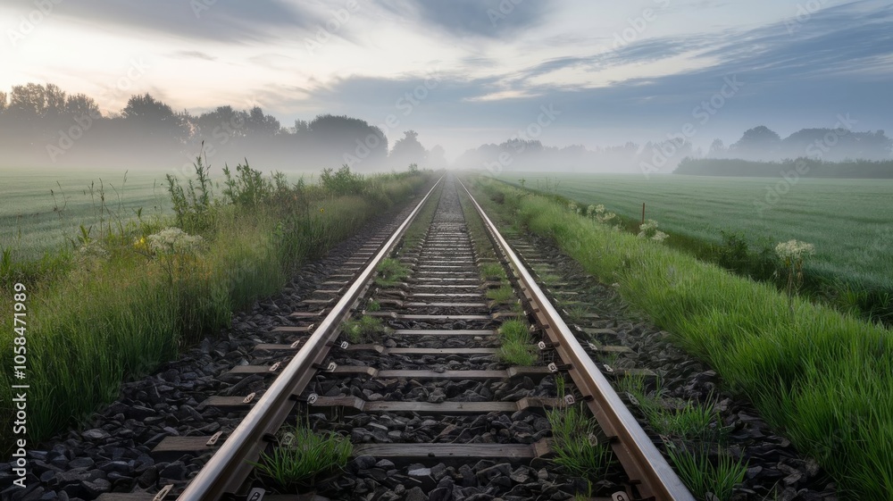 Train tracks surrounded by vibrant green fields, capturing the serenity of morning Train tracks surrounded by vibrant green fields, capturing the serenity of morning