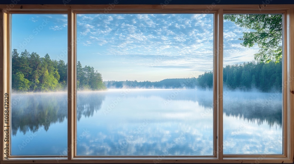 Panorama windows reveal a serene view of a foggy lake under a blue sky. This panorama captures the tranquil scene, perfect for showcasing the beauty of nature. Panorama windows reveal a serene view of a foggy lake under a blue sky. This panorama captures the tranquil scene, perfect for showcasing the beauty of nature.