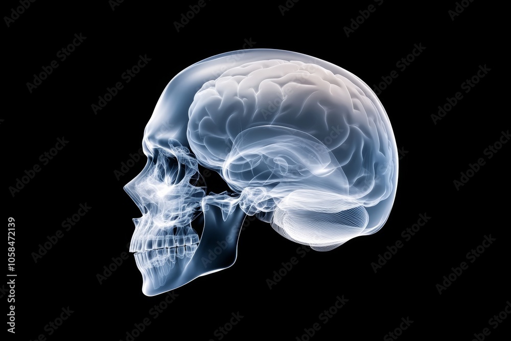 Skull with a brain inside of it. The skull is shown in a black and white photo