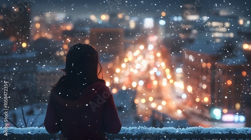 Girl on Balcony Gazing at Snowy Cityscape