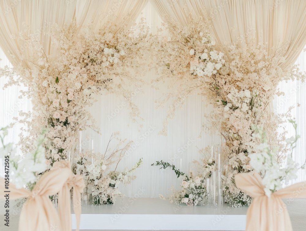 Elegant floral backdrop for a wedding or event, featuring soft colors and delicate arrangements. Elegant floral backdrop for a wedding or event, featuring soft colors and delicate arrangements.