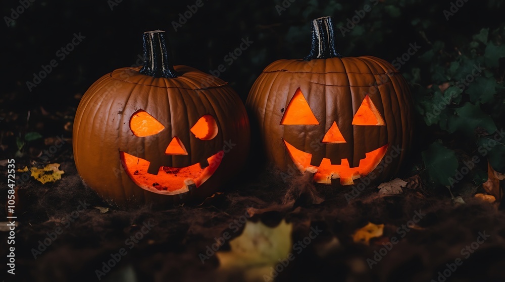 Lit Jack O Lanterns for Halloween Subtle Blur Background with Space for Custom Text Lit Jack O Lanterns for Halloween Subtle Blur Background with Space for Custom Text