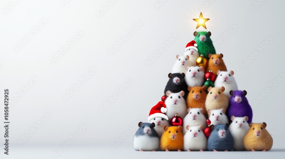 Group of small animals, including hamsters, are gathered around a Christmas tree. The hamsters are wearing Santa hats and are standing on top of the tree, creating a festive and playful scene