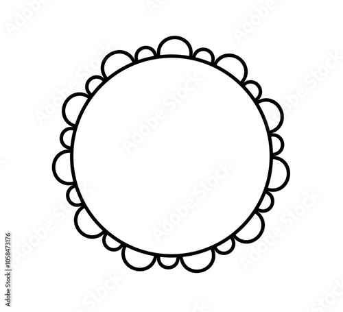 Scalloped edge circle frame. Simple round scalloped border. Fabric lace pattern frame. Repeat cute vintage frill ornament. Texture ribbon. Vector illustration isolated on white background.
