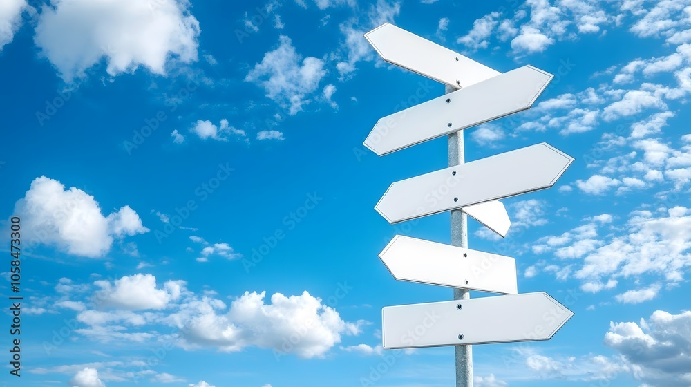 Image of five blank white road signs pointing in different directions against a bright blue sky with scattered clouds Image of five blank white road signs pointing in different directions against a bright blue sky with scattered clouds