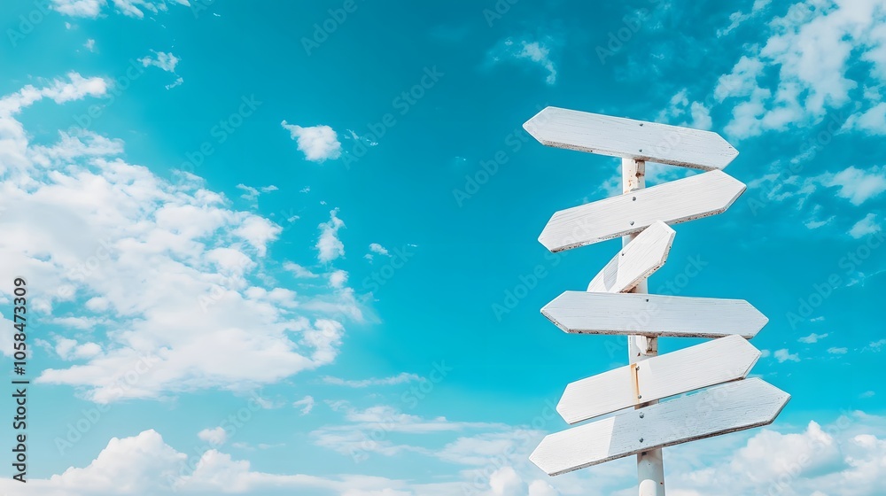 Image of five blank white road signs pointing in different directions against a bright blue sky with scattered clouds Image of five blank white road signs pointing in different directions against a bright blue sky with scattered clouds