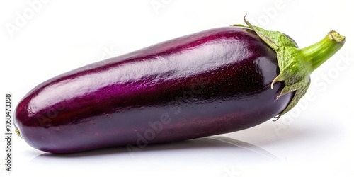 A single ripe eggplant with a glossy, purple skin and a green stem, isolated on a white background.