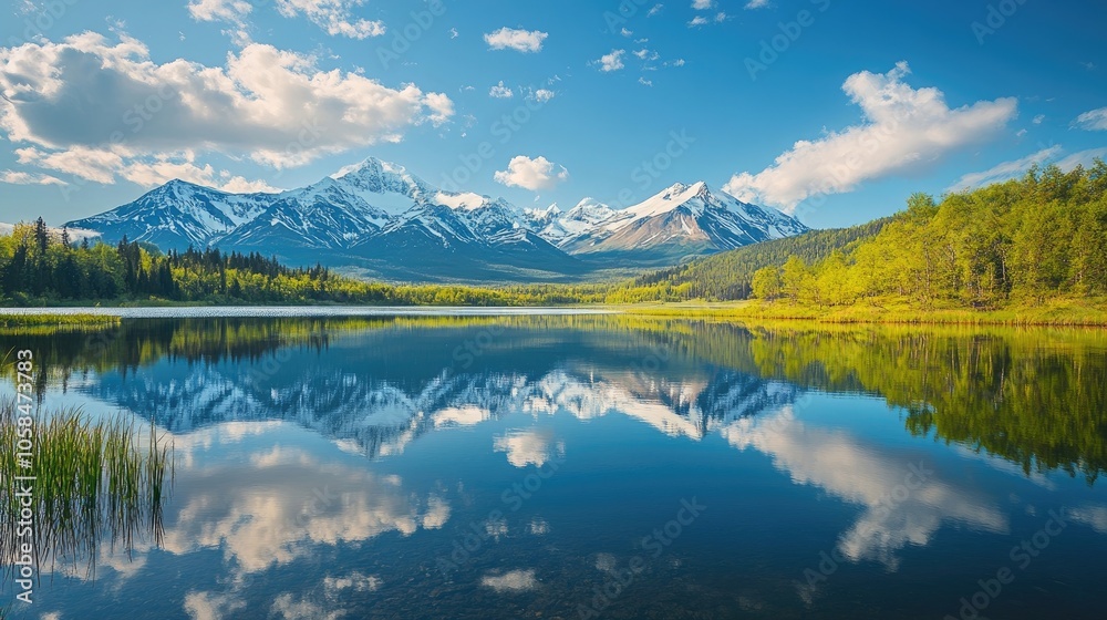 Naklejka premium Vibrant spring landscape captures the essence of alpine lake serenity, complemented by stunning mountain reflections. Perfect for nature enthusiasts with ample photo space.