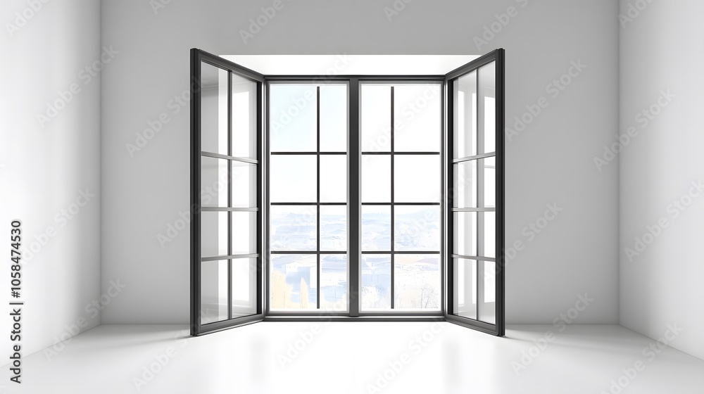 Modern and minimal house window for interior decoration isolated on background, open office glass window frame Modern and minimal house window for interior decoration isolated on background, open office glass window frame