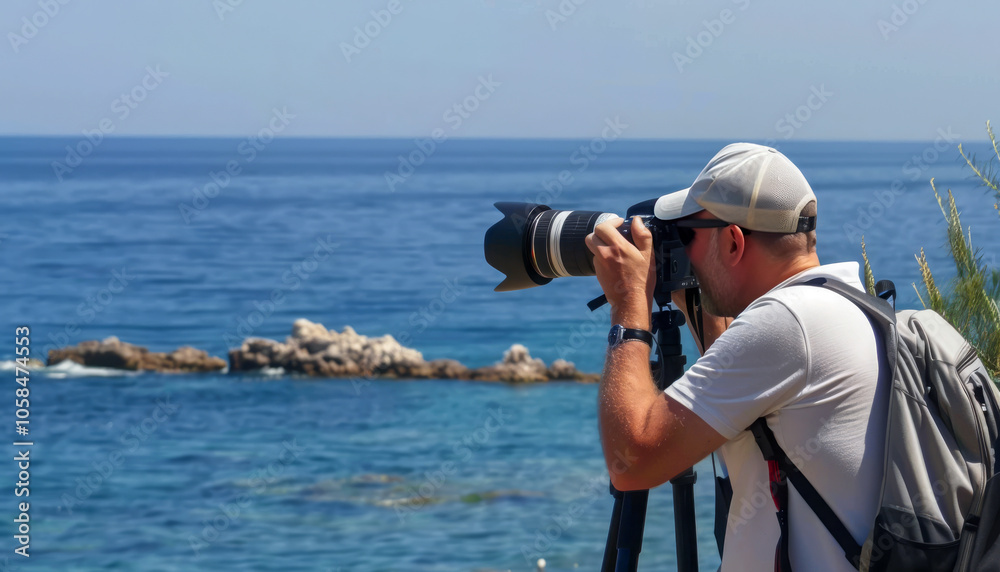 Man with a backpack photographing the ocean with a telephoto lens on a tripod, set against a sunny coastal backdrop Man with a backpack photographing the ocean with a telephoto lens on a tripod, set against a sunny coastal backdrop