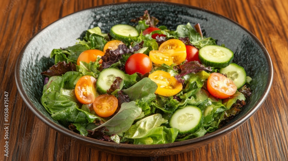 Fresh Colorful Salad in Black Bowl on Wooden Table Fresh Colorful Salad in Black Bowl on Wooden Table