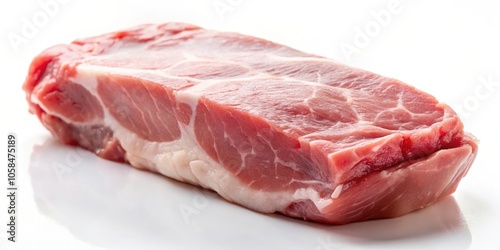 A single raw pork chop isolated on a white background, showcasing its marbling and fresh pink color.