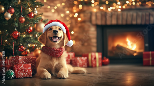 Golden retriever wearing a Santa hat by the Christmas tree and fireplace, festive holiday spirit