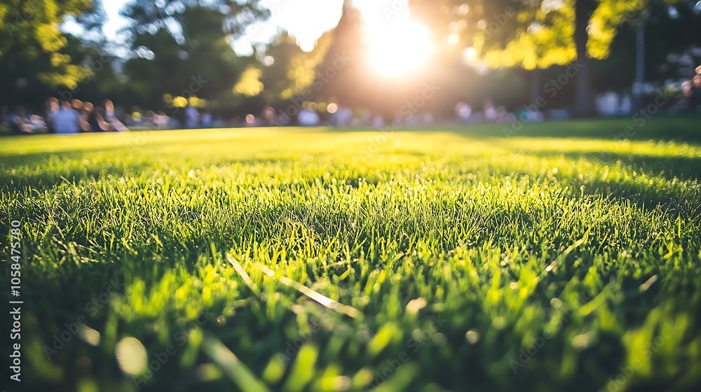 Fototapeta premium Green Grass Lawn in Sunshine Blank Background with Copy Space for Design Projects