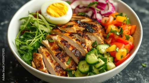 Grilled chicken salad with vegetables and a boiled egg in a bowl.