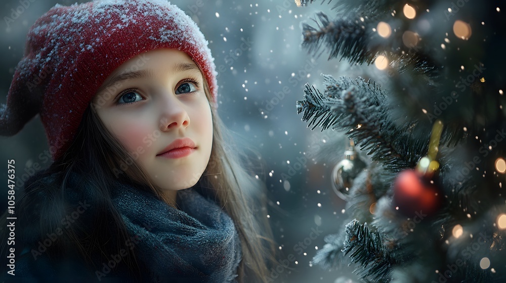 Young girl beside christmas tree Young girl beside christmas tree