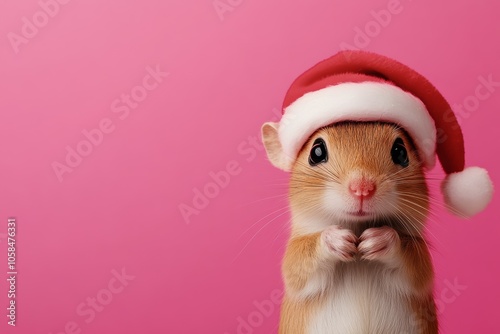 Small brown hamster wearing a red Santa hat. The hamster is looking at the camera with a smile